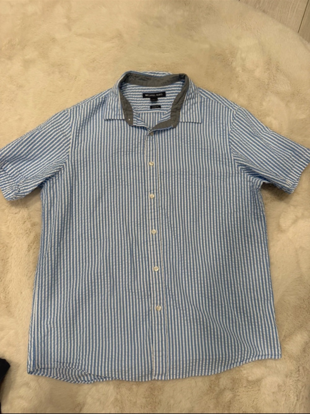 Michael Kors Light Blue and White Striped Short Sleeve Button-Up Shirt